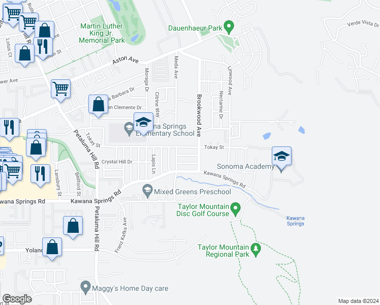 map of restaurants, bars, coffee shops, grocery stores, and more near 2223 Moldavite Lane in Santa Rosa