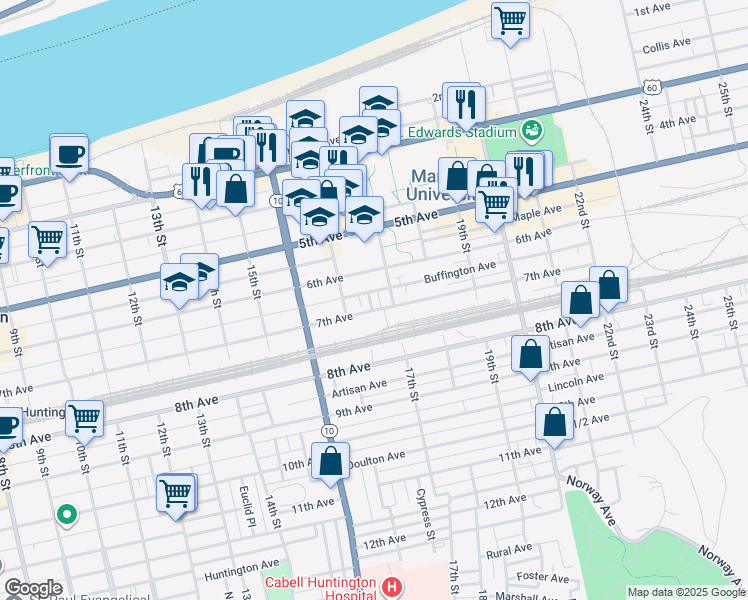 map of restaurants, bars, coffee shops, grocery stores, and more near 659 Marion Court in Huntington