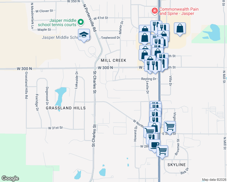 map of restaurants, bars, coffee shops, grocery stores, and more near 615 West 34th Street in Jasper