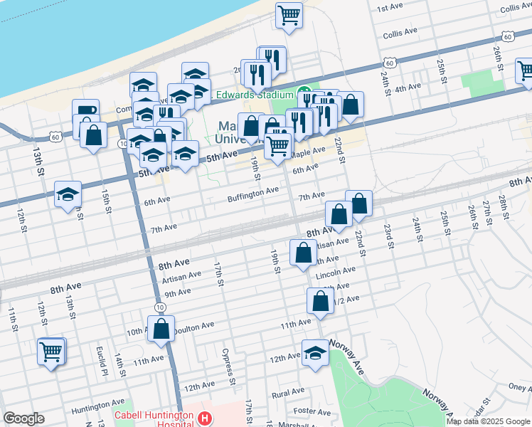map of restaurants, bars, coffee shops, grocery stores, and more near 739 19th Street in Huntington