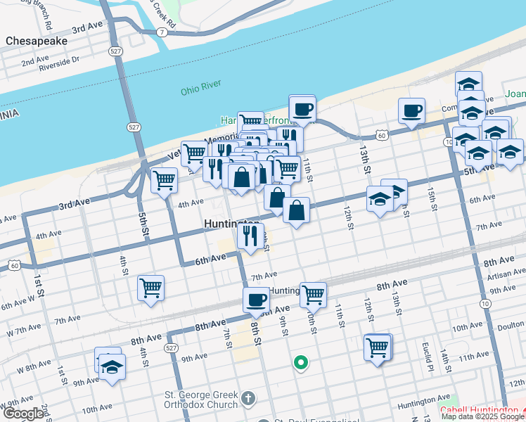 map of restaurants, bars, coffee shops, grocery stores, and more near 909 5th Avenue in Huntington