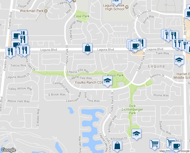 map of restaurants, bars, coffee shops, grocery stores, and more near 6103 Laguna Vale Way in Elk Grove