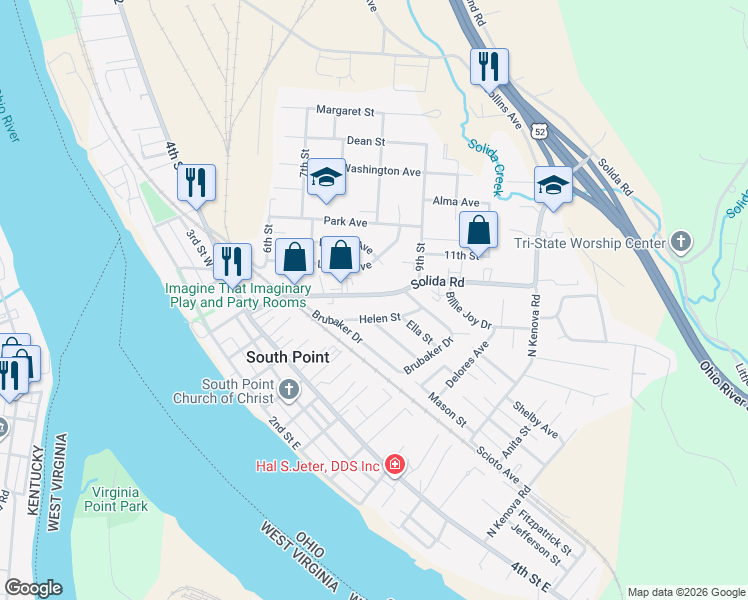 map of restaurants, bars, coffee shops, grocery stores, and more near 305 Helen Street in South Point