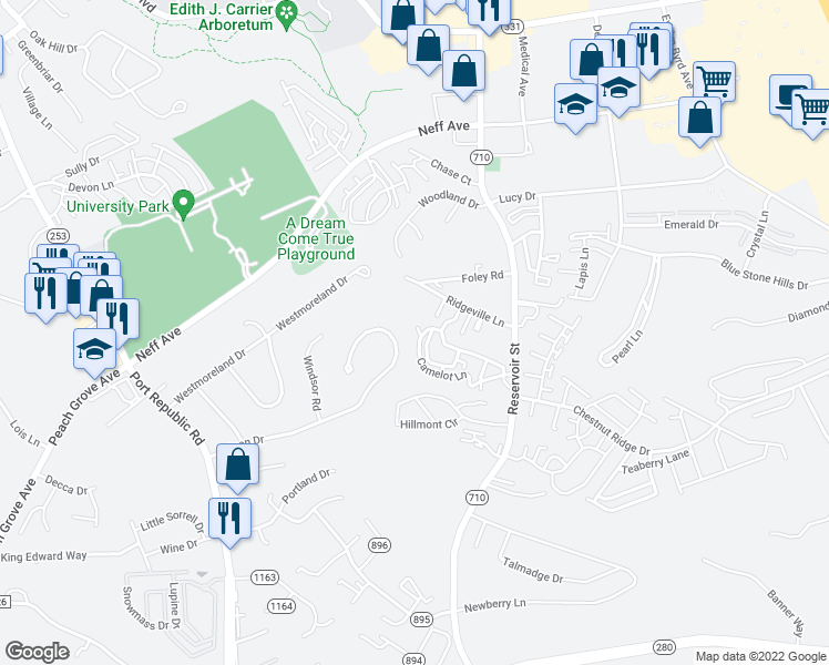 map of restaurants, bars, coffee shops, grocery stores, and more near 2316 Lancelot Lane in Harrisonburg