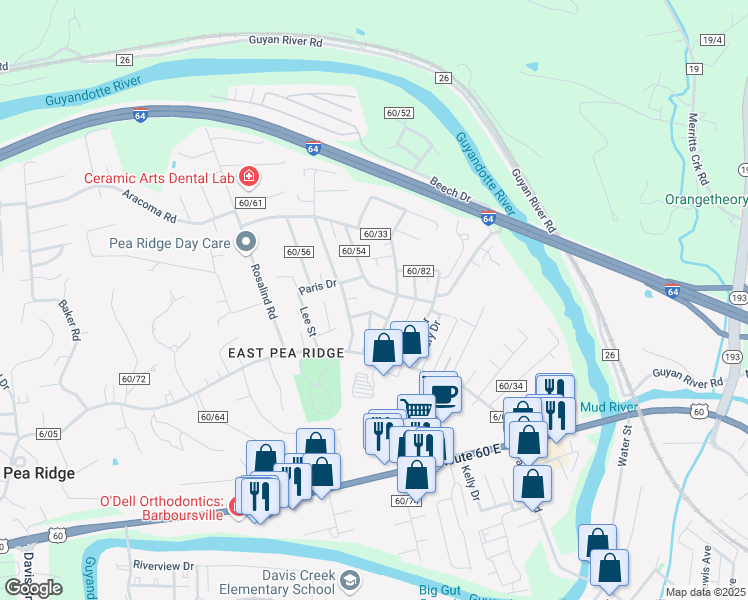 map of restaurants, bars, coffee shops, grocery stores, and more near 6404 Emerson Ave in Huntington