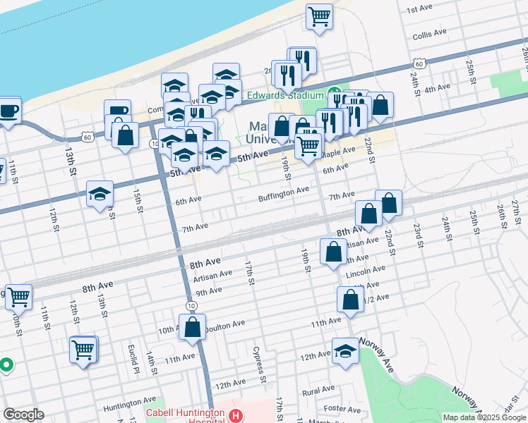 map of restaurants, bars, coffee shops, grocery stores, and more near 1751 7th Avenue in Huntington