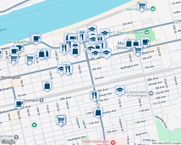 map of restaurants, bars, coffee shops, grocery stores, and more near 620 West Virginia 10 in Huntington