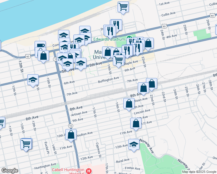 map of restaurants, bars, coffee shops, grocery stores, and more near 739 19th Street in Huntington