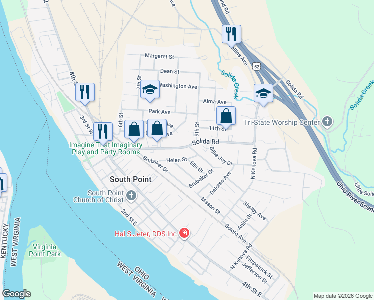 map of restaurants, bars, coffee shops, grocery stores, and more near 613 Brubaker Drive in South Point