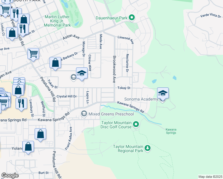 map of restaurants, bars, coffee shops, grocery stores, and more near 2232 Moldavite Lane in Santa Rosa