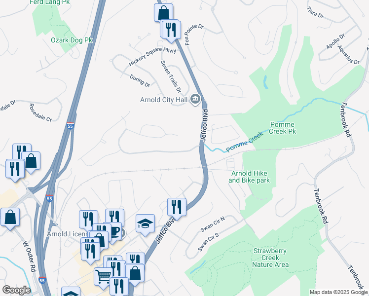 map of restaurants, bars, coffee shops, grocery stores, and more near 504 Hickory Manor in Arnold