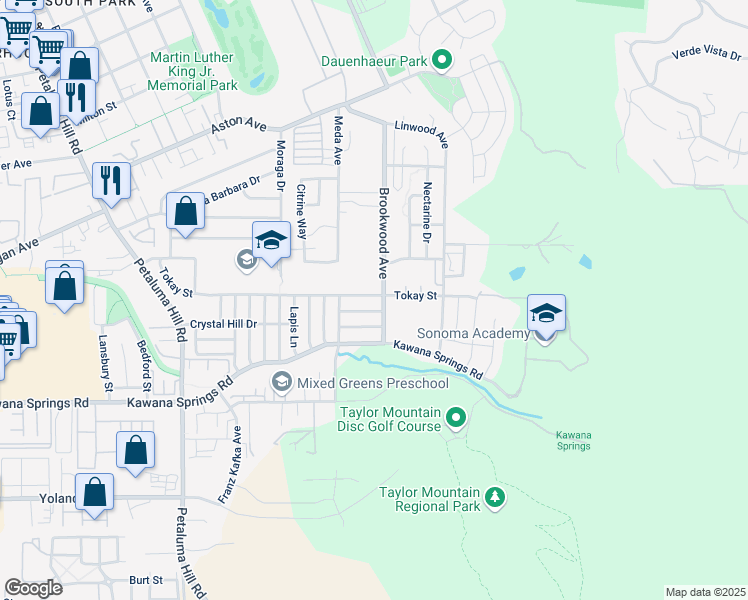 map of restaurants, bars, coffee shops, grocery stores, and more near 2232 Moldavite Lane in Santa Rosa