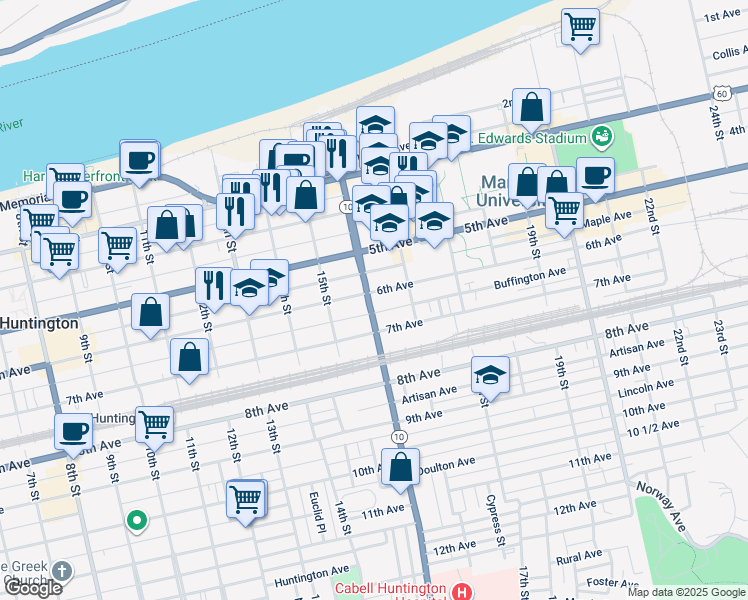map of restaurants, bars, coffee shops, grocery stores, and more near 620 West Virginia 10 in Huntington