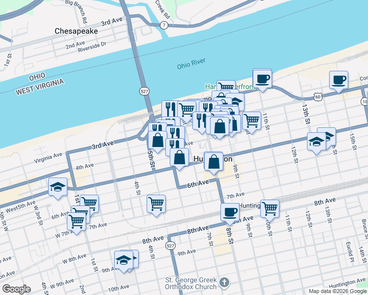 map of restaurants, bars, coffee shops, grocery stores, and more near 625 4th Avenue in Huntington