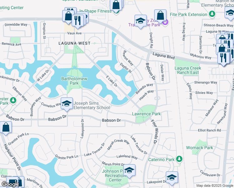 map of restaurants, bars, coffee shops, grocery stores, and more near 3530 West Island Court in Elk Grove