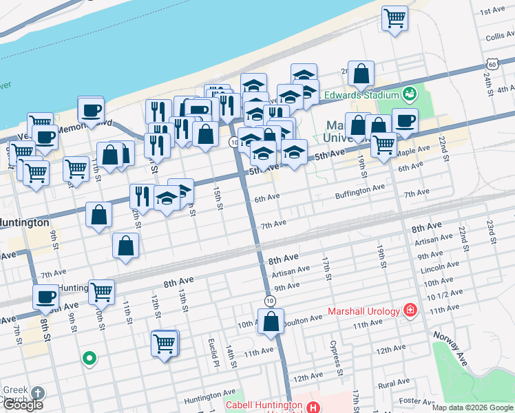 map of restaurants, bars, coffee shops, grocery stores, and more near 620 West Virginia 10 in Huntington