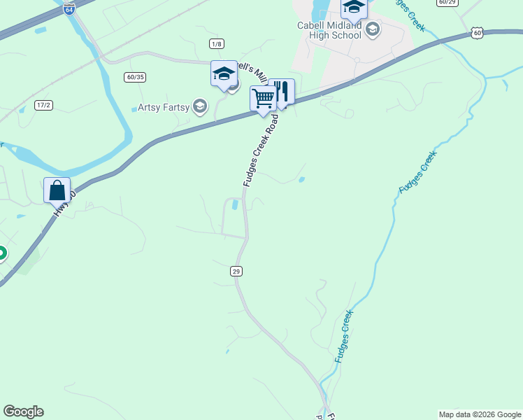 map of restaurants, bars, coffee shops, grocery stores, and more near 178 Fudges Creek Road in Ona