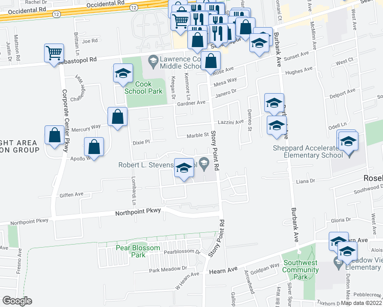 map of restaurants, bars, coffee shops, grocery stores, and more near 2205 Campbell Drive in Santa Rosa