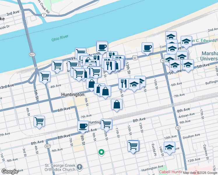 map of restaurants, bars, coffee shops, grocery stores, and more near 504 11th Street in Huntington