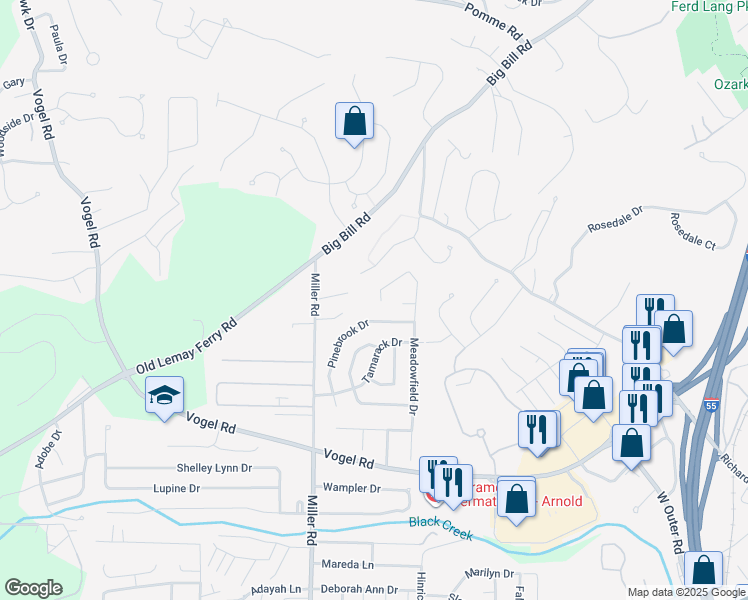map of restaurants, bars, coffee shops, grocery stores, and more near 3002 Brentmoor Drive in Arnold