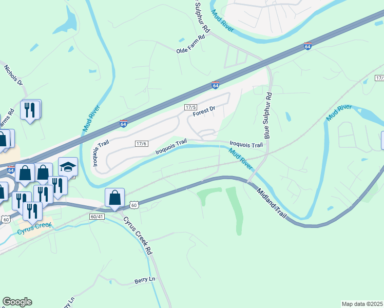 map of restaurants, bars, coffee shops, grocery stores, and more near 3312 Maywood Dr in Ona
