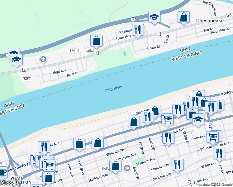 map of restaurants, bars, coffee shops, grocery stores, and more near in Huntington