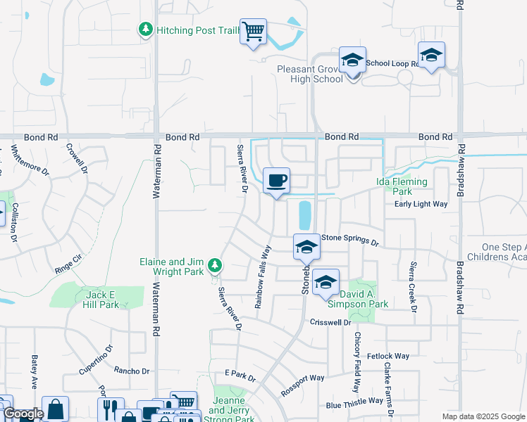 map of restaurants, bars, coffee shops, grocery stores, and more near 9283 Rising Creek Way in Elk Grove