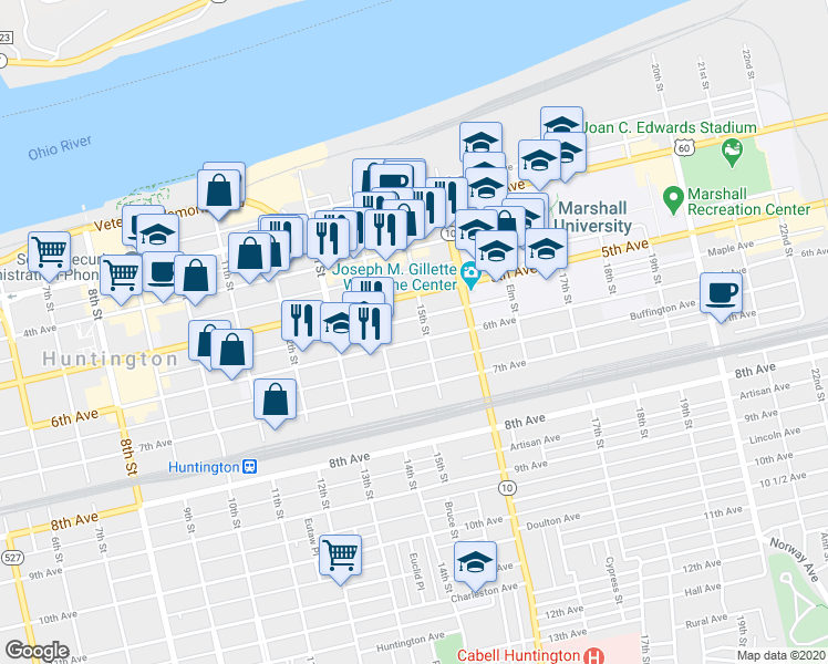 map of restaurants, bars, coffee shops, grocery stores, and more near 1434 6th Avenue in Huntington