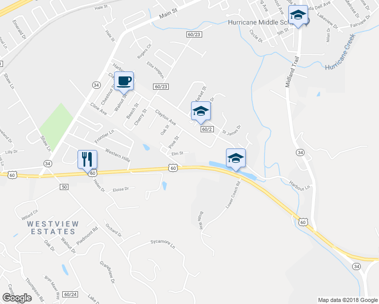 map of restaurants, bars, coffee shops, grocery stores, and more near 208 Elm Street in Hurricane