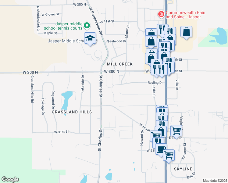 map of restaurants, bars, coffee shops, grocery stores, and more near 615 West 34th Street in Jasper