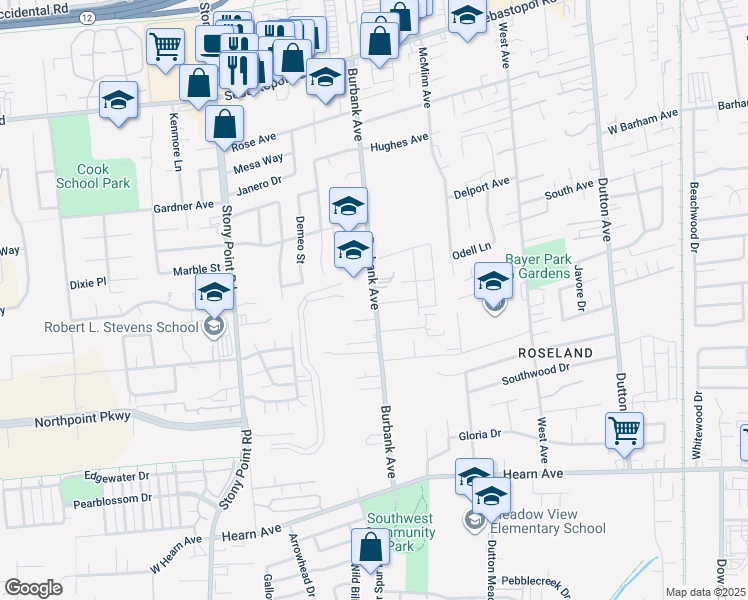 map of restaurants, bars, coffee shops, grocery stores, and more near 1815 Burbank Avenue in Santa Rosa