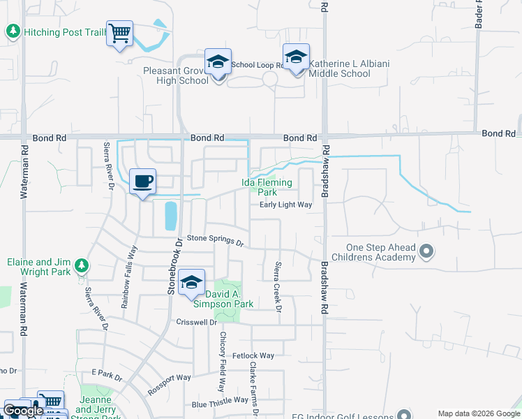 map of restaurants, bars, coffee shops, grocery stores, and more near 9320 Sierra Creek Drive in Elk Grove