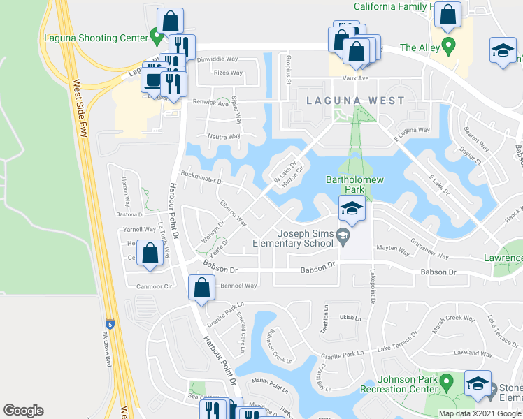map of restaurants, bars, coffee shops, grocery stores, and more near 2629 Waldie Court in Elk Grove