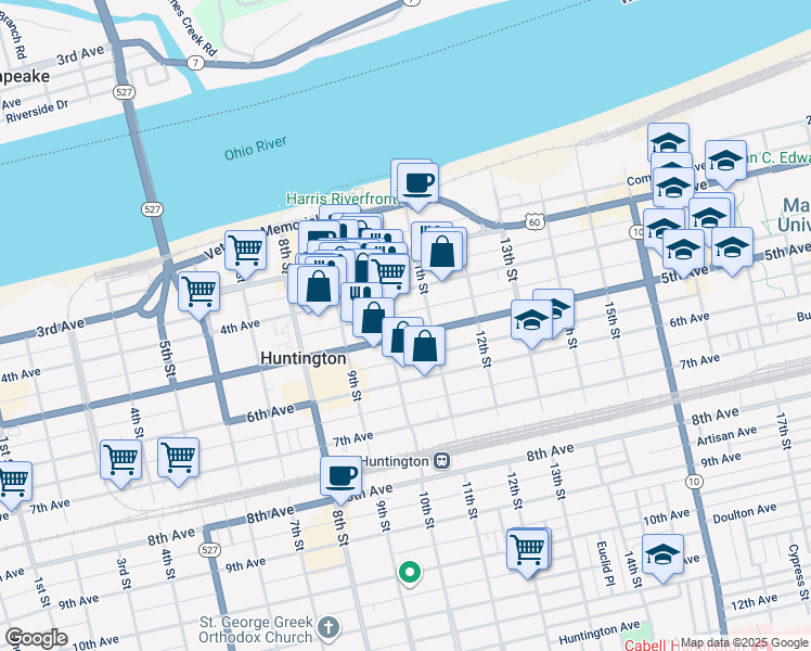 map of restaurants, bars, coffee shops, grocery stores, and more near 1001 5th Avenue in Huntington