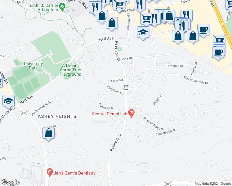 map of restaurants, bars, coffee shops, grocery stores, and more near Kendall Lane in Harrisonburg