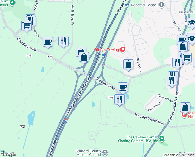 map of restaurants, bars, coffee shops, grocery stores, and more near Courthouse Road in Stafford