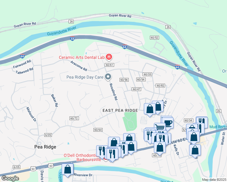 map of restaurants, bars, coffee shops, grocery stores, and more near 6187 Rosalind Road in Huntington