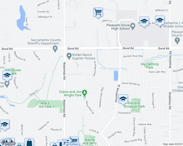 map of restaurants, bars, coffee shops, grocery stores, and more near 9401 Stone Springs Drive in Elk Grove