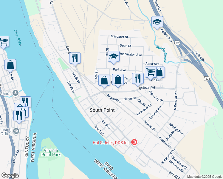 map of restaurants, bars, coffee shops, grocery stores, and more near 1 Brubaker Drive in South Point
