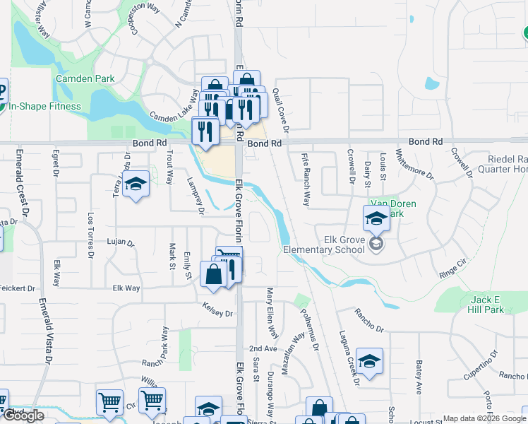 map of restaurants, bars, coffee shops, grocery stores, and more near 9360 Aizenberg Circle in Elk Grove