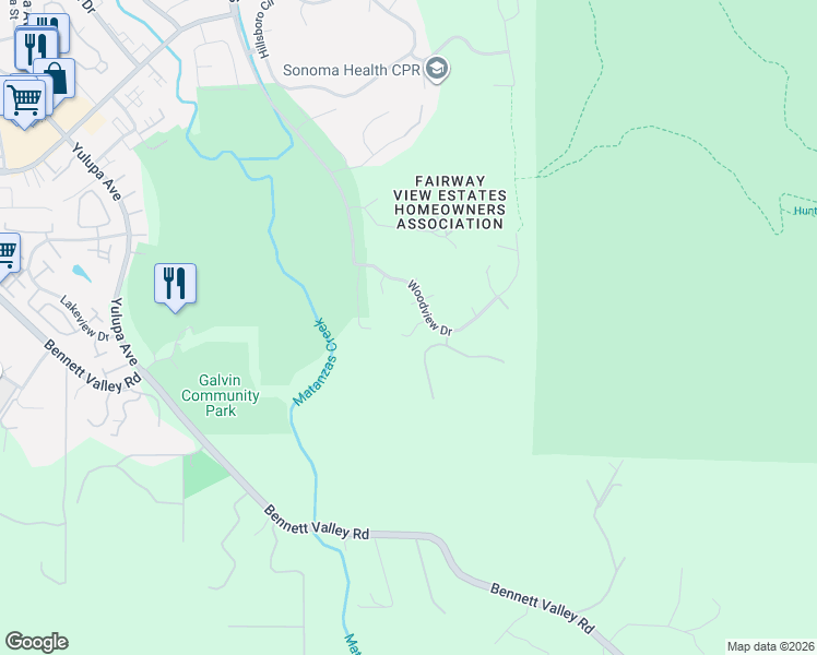 map of restaurants, bars, coffee shops, grocery stores, and more near 4570 Fawn Hollow Lane in Santa Rosa
