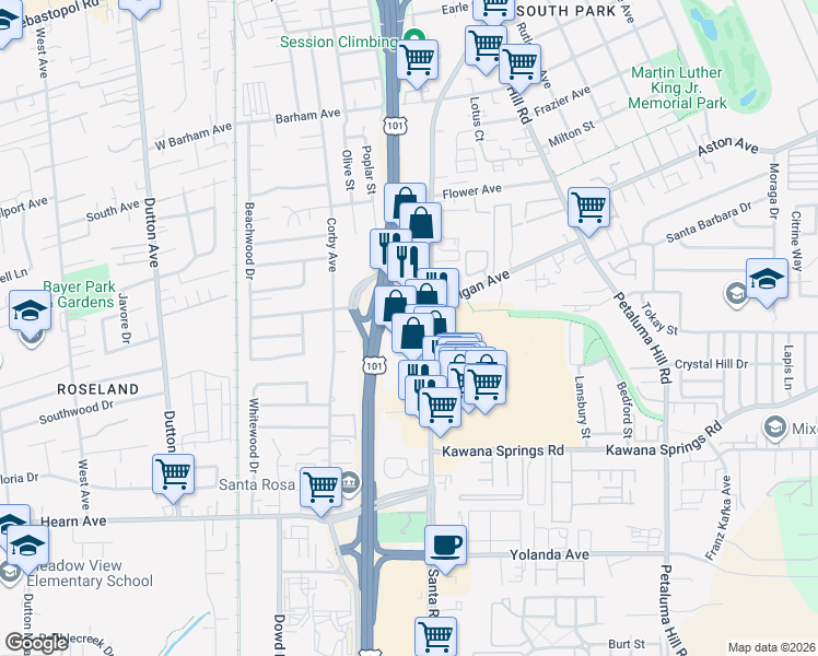map of restaurants, bars, coffee shops, grocery stores, and more near 1975 Santa Rosa Avenue in Santa Rosa