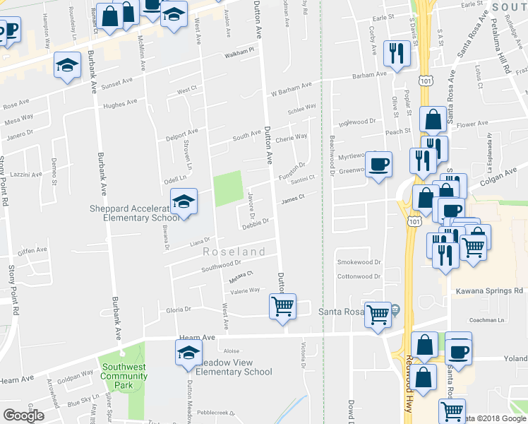 map of restaurants, bars, coffee shops, grocery stores, and more near 570 Debbie Drive in Santa Rosa