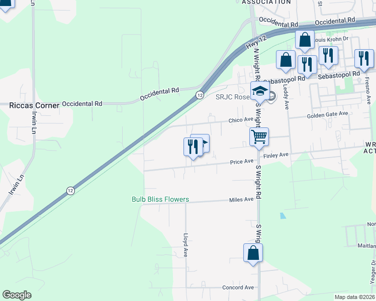 map of restaurants, bars, coffee shops, grocery stores, and more near 4395 Price Avenue in Santa Rosa