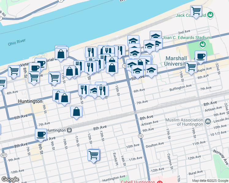 map of restaurants, bars, coffee shops, grocery stores, and more near 1411 6th Avenue in Huntington