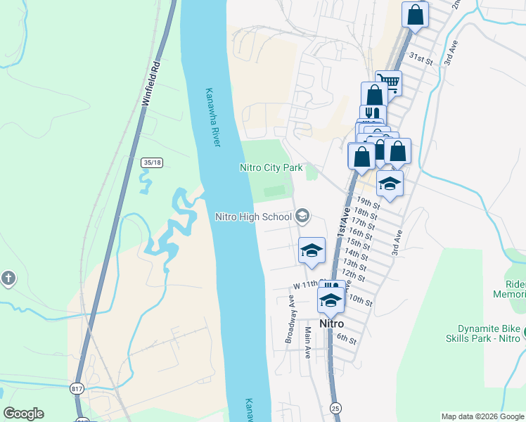 map of restaurants, bars, coffee shops, grocery stores, and more near 1423 West 14th Street in Nitro