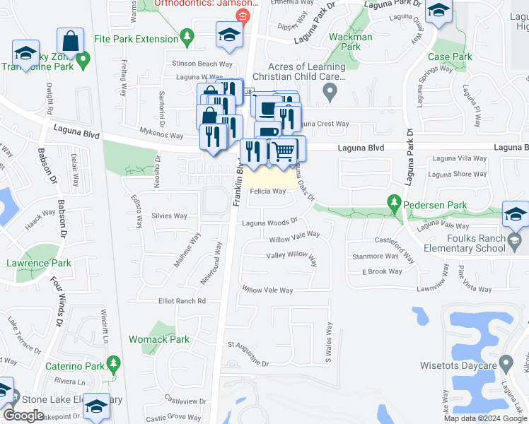 map of restaurants, bars, coffee shops, grocery stores, and more near 5000 Lady Di Way in Elk Grove