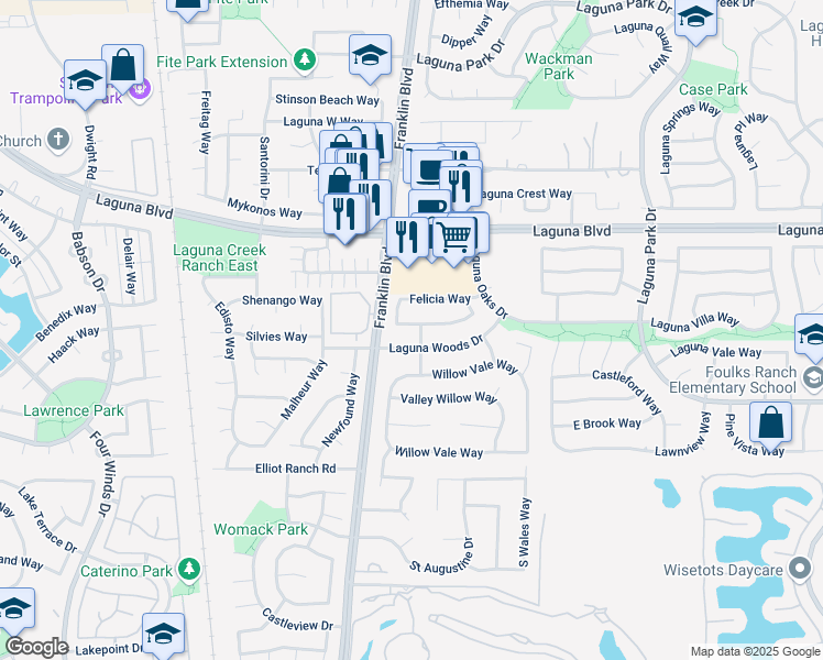 map of restaurants, bars, coffee shops, grocery stores, and more near 4909 Felicia Way in Elk Grove