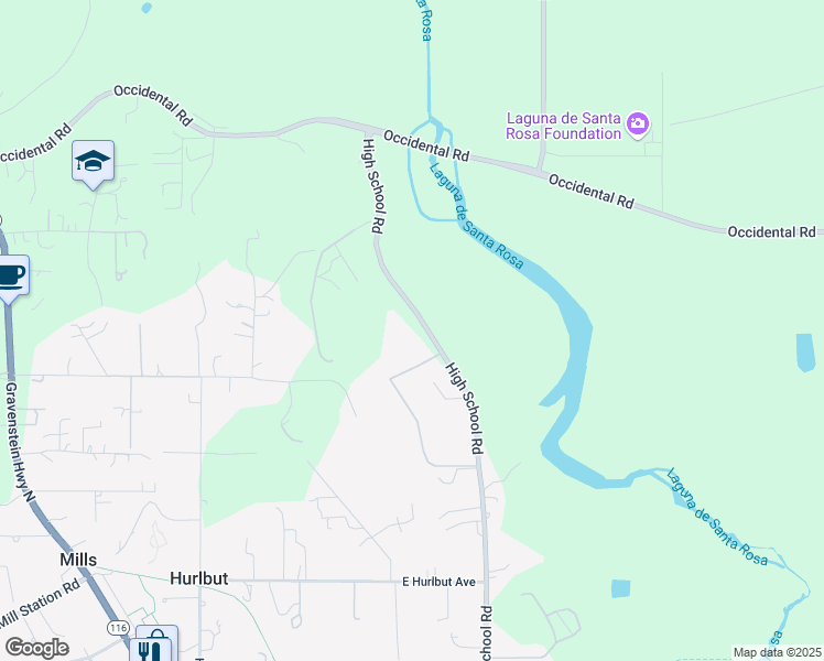 map of restaurants, bars, coffee shops, grocery stores, and more near 1498 High School Road in Sebastopol