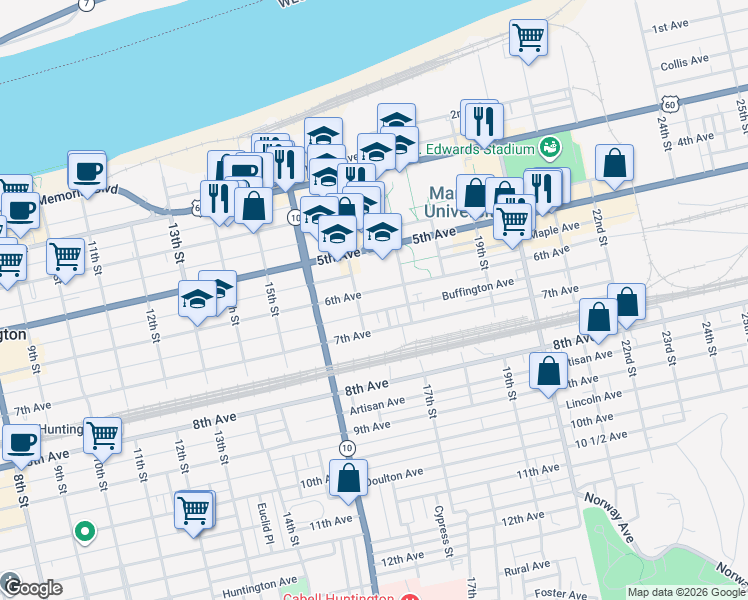 map of restaurants, bars, coffee shops, grocery stores, and more near 1682 6th Avenue in Huntington